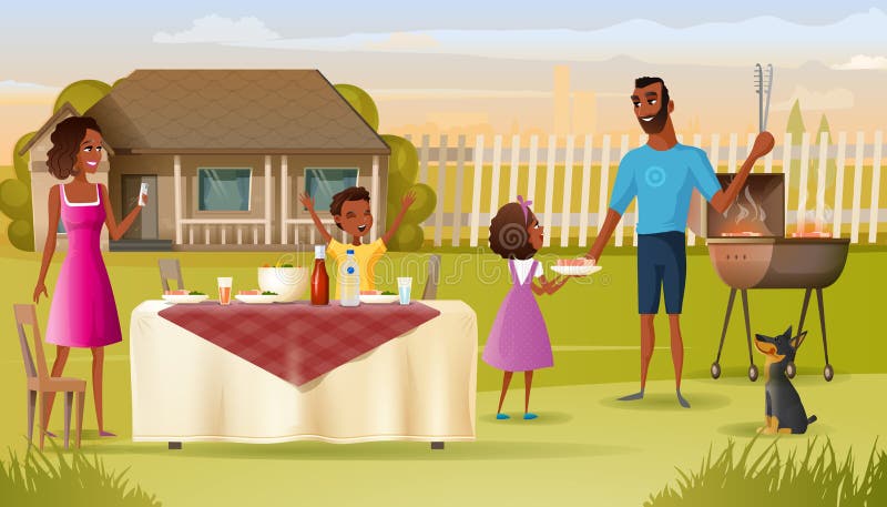 Happy African-American Family Grill Party in Countryside Cartoon Vector. Father with Daughter Cooking Meat on Barbeque Grill, Son Sitting at Dinner Table, Mother Taking Mobile Photos Illustration. Happy African-American Family Grill Party in Countryside Cartoon Vector. Father with Daughter Cooking Meat on Barbeque Grill, Son Sitting at Dinner Table, Mother Taking Mobile Photos Illustration