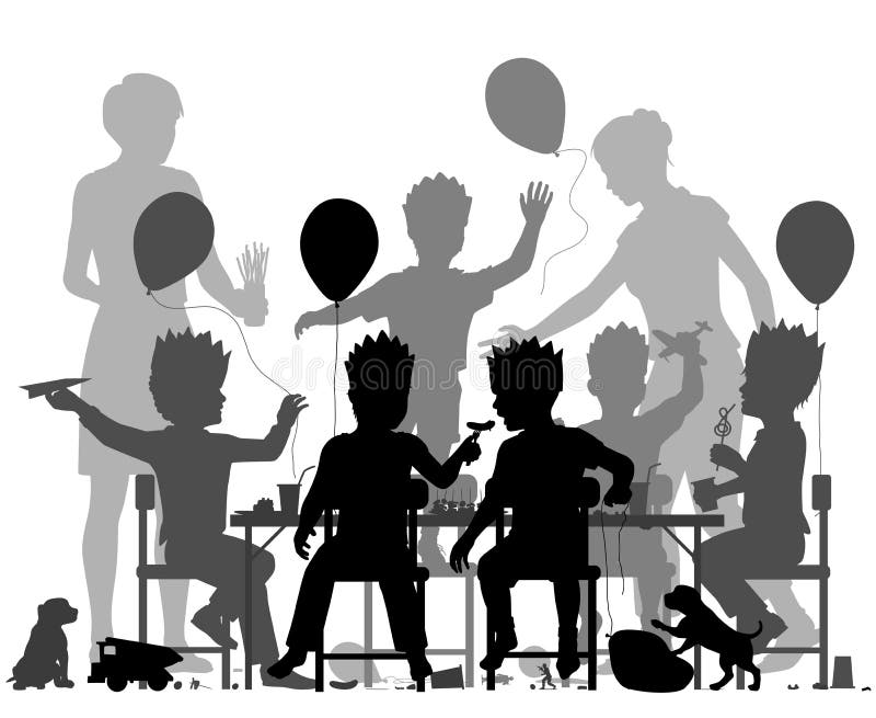 Editable vector silhouette of young boys having a lively party with all elements as separate objects. Editable vector silhouette of young boys having a lively party with all elements as separate objects