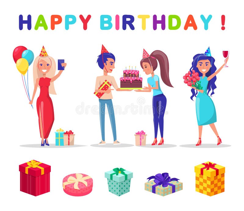Partito di celebrazione di buon compleanno, regali attuali illustrazione vettoriale Partito di celebrazione di buon compleanno, regali attuali illustrazione vettoriale