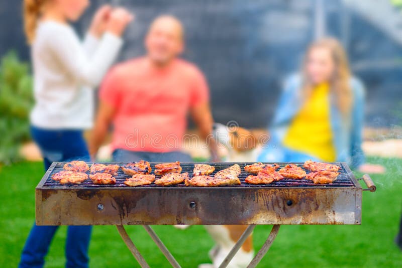 Partito di cena, bbq sul cortile posteriore Momenti felici della famiglia fotografie stock libere da diritti Partito di cena, bbq sul cortile posteriore Momenti felici della famiglia fotografie stock libere da diritti