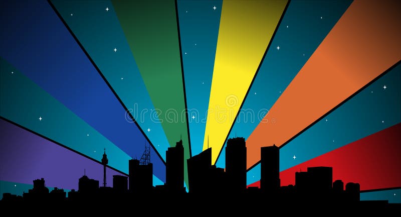 City silhouette, stars, color light ray in gay colors, sydney. City silhouette, stars, color light ray in gay colors, sydney