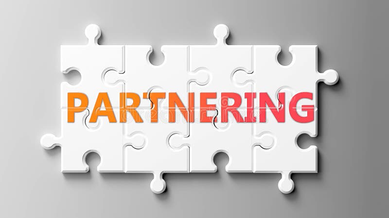 Partnerstvo komplexné ako vyobrazený ako slovo partnerstvo na kusov na ukázať partnerstvo môcť byť ťažký potreby spolupracujúce kusov spoločne,  trojrozmerný ilustrácie.