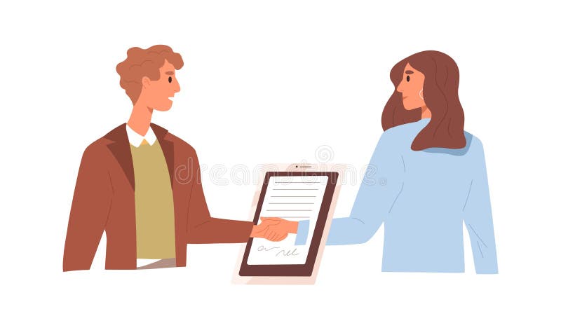 Partners sign e-contact online. People handshake and digital document with electronic signatures. Concluding agreement vector illustration