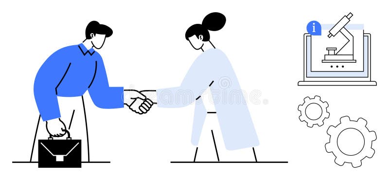 Partnership Agreement Between Business Professional and Scientist with Laboratory and Gear Elements stock illustration