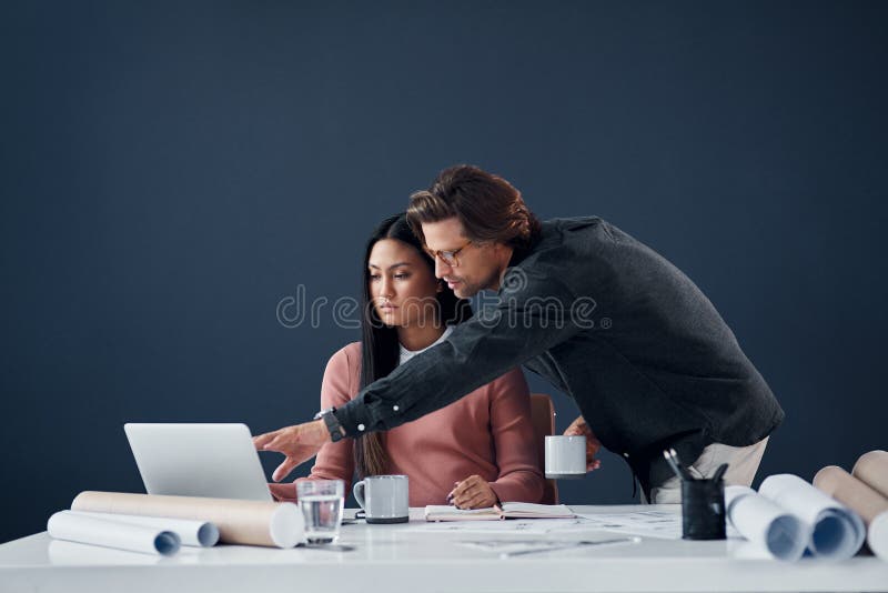 Partnership, architecture or discussion in office with laptop for planning, remodeling design or building ideas stock photos