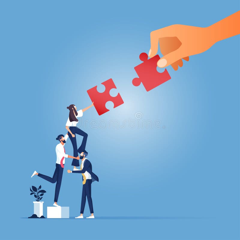 Partnership concept-Business team pushing big jigsaw piece towards each other stock illustration