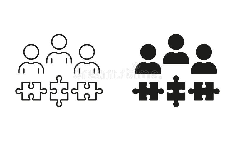 Partnership Success, Team Building, Unity Line and Silhouette Icon Set. Teamwork and Collaboration, Puzzle Together Icon vector illustration
