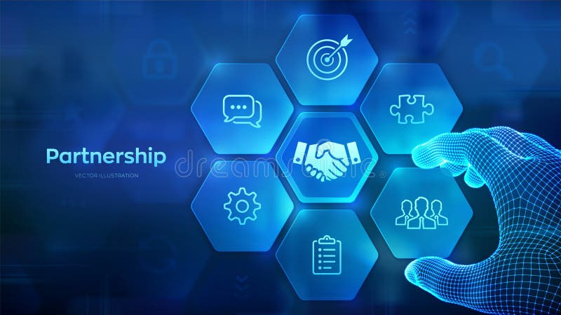 Partnership technology concept. Business partnership. Global cooperation network. Internet communication. Teamwork. Wireframe hand vector illustration
