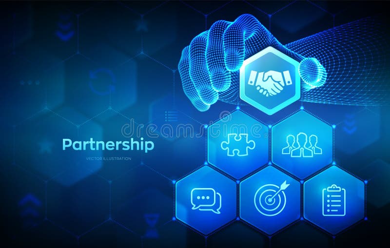 Partnership technology concept. Business partnership. Global cooperation network. Internet communication. Teamwork. Wireframe hand royalty free illustration