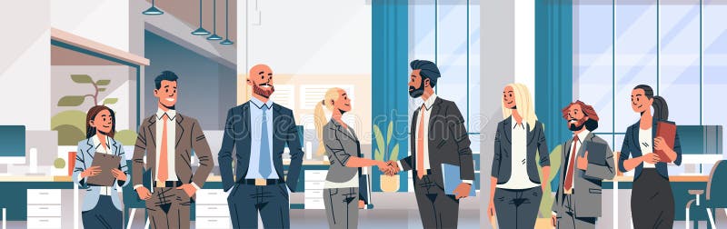 Partnerskap för kvinnor för män för kontor för begrepp för överenskommelse för skaka för hand för grupp för affärsfolk meddelande vektor illustrationer