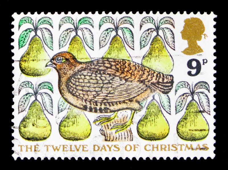 A Partridge in a Pear Tree, Christmas 1977 - TheTwelve days of Christmas serie, circa 1977 stock images A Partridge in a Pear Tree, Christmas 1977 - TheTwelve days of Christmas serie, circa 1977 stock images
