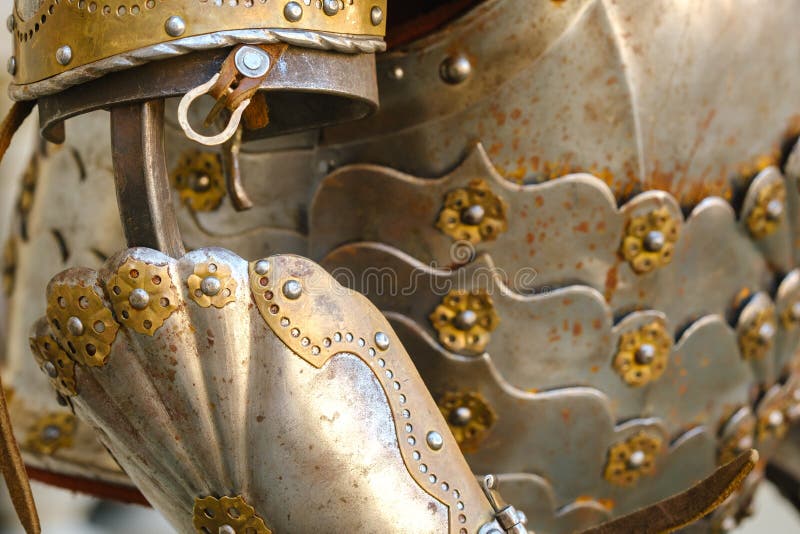 Parts of ancient knight's armor. A medieval concept. Metallic texture stock photo