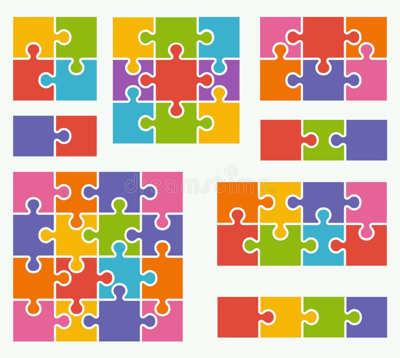 Parts of puzzles on white background in colored colors.