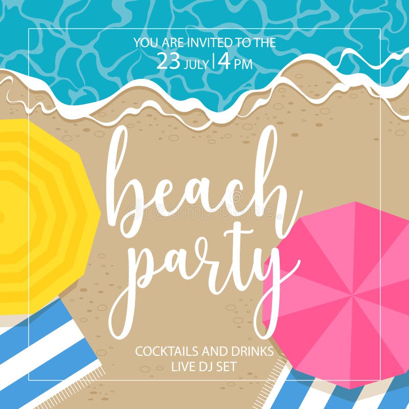 Beach party banner with blue ocean or sea waves rolling on the seashore and umbrellas with towels laid out on the sand.