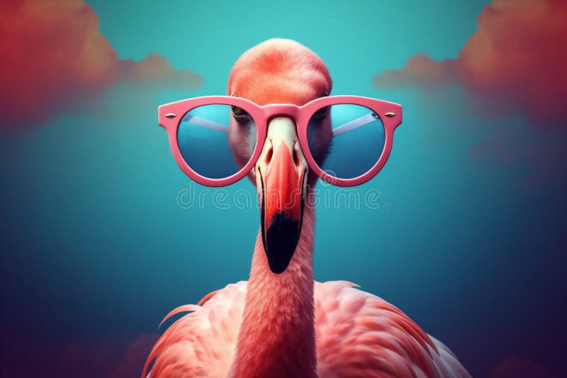 animal bird flamingo feather sunglasses party hipster summer pink tropical. Generative AI.