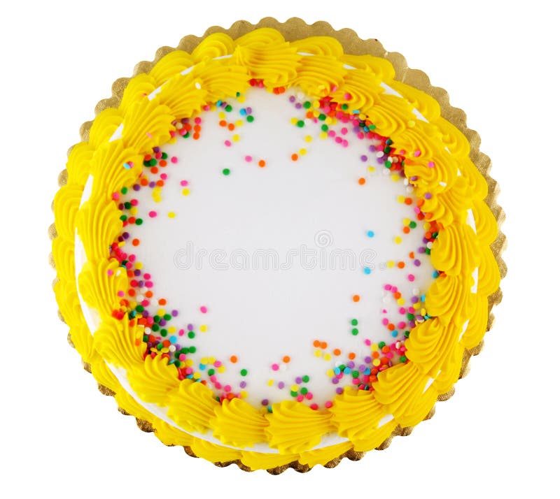 Yellow icing on a white party cake with confetti candy. Yellow icing on a white party cake with confetti candy