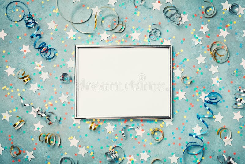 Party, carnival,christmas or birthday background decorated silver frame with confetti and streamer. Flat lay. Holiday mockup. royalty free stock images Party, carnival,christmas or birthday background decorated silver frame with confetti and streamer. Flat lay. Holiday mockup. royalty free stock images