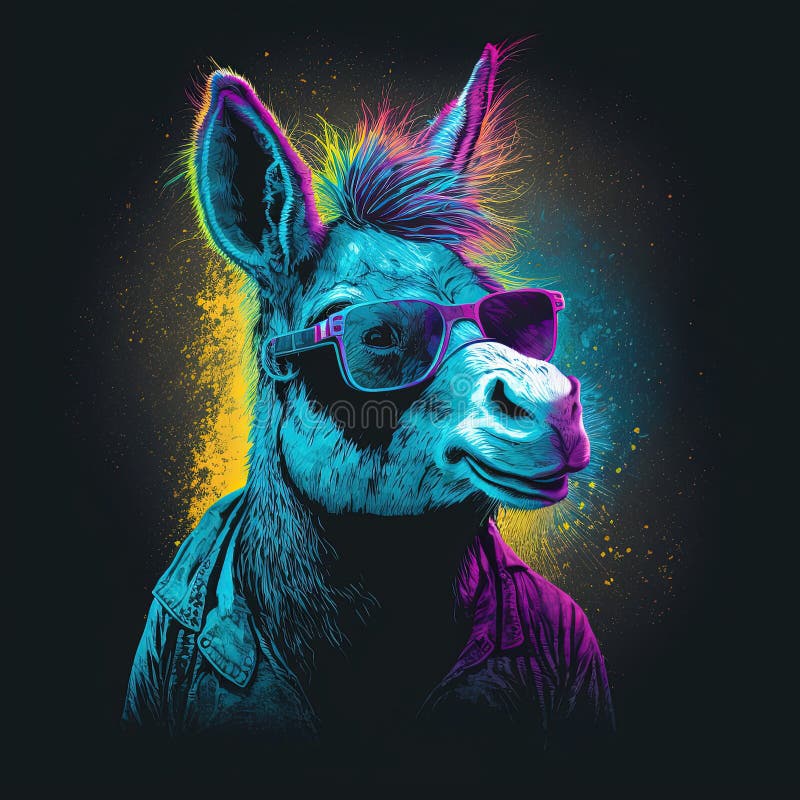 Cool Neon Party Donkey In Sunglasses Generative Ai Stock Illustration