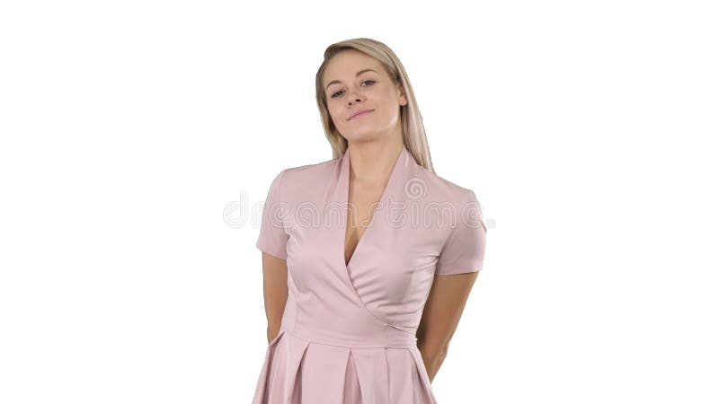 Party glam woman in pink dancing and smiling on white background. royalty free stock image Party glam woman in pink dancing and smiling on white background. royalty free stock image