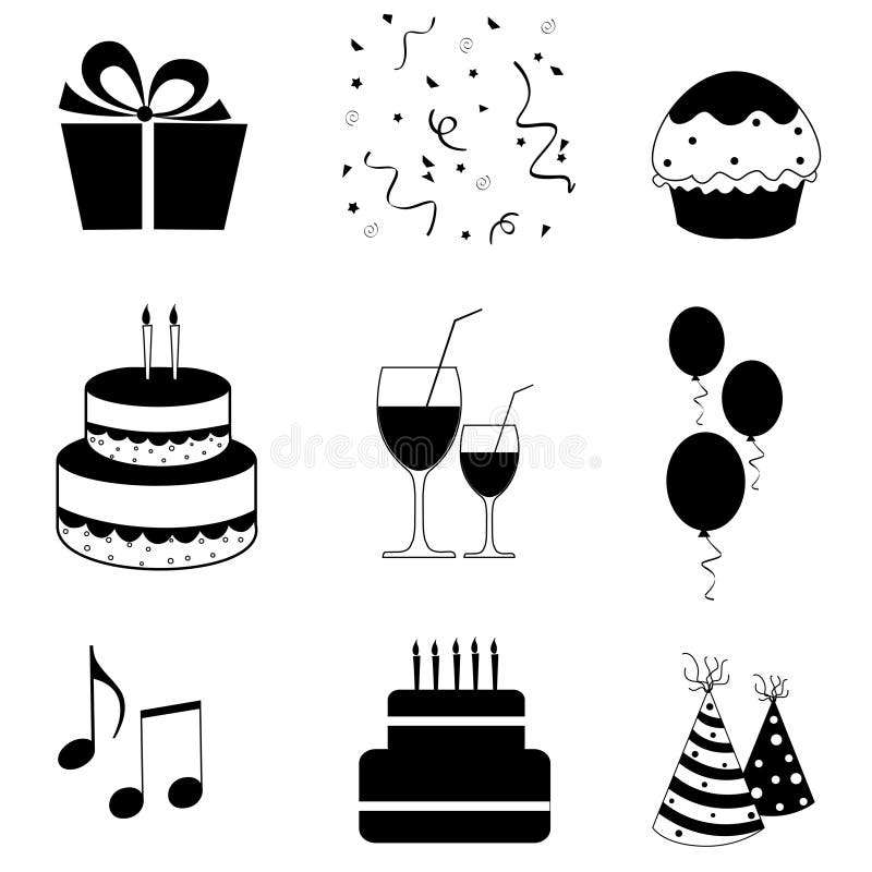 In bianco e nero festa di compleanno collezione di icone isolato su sfondo bianco.