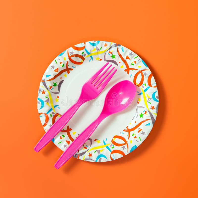 Party Plate with Spoon and Fork Stock Image Image of orange