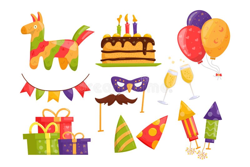 Party set. Carnival festive objects. Party time stuff. Birthday elements collection. stock illustration