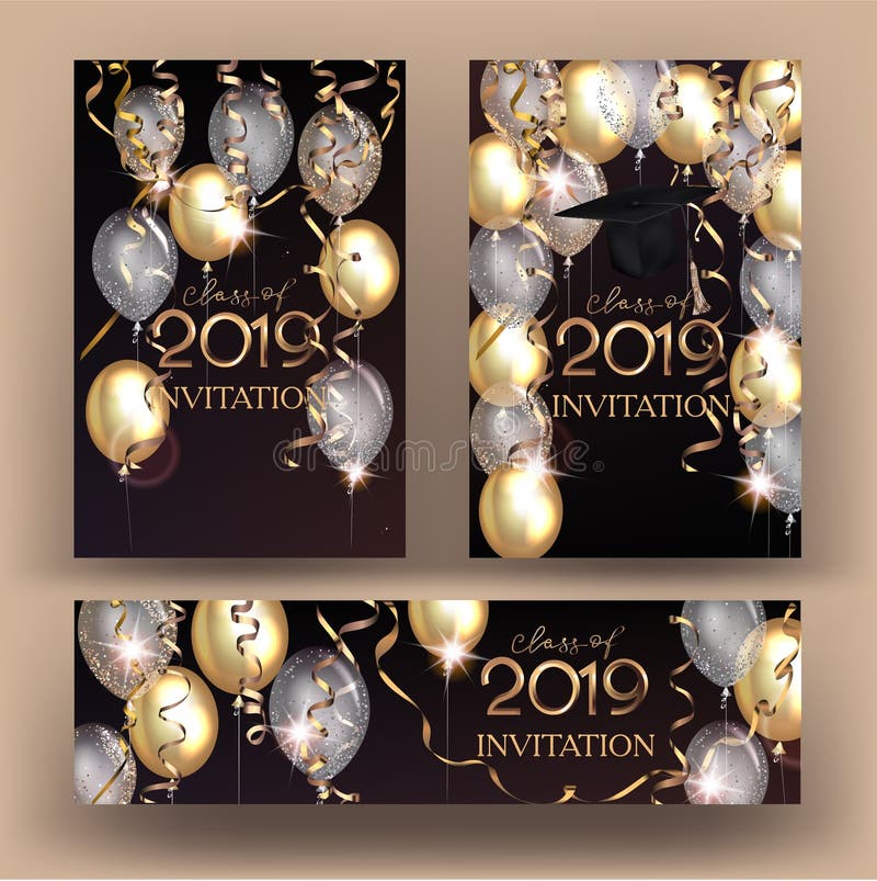 Graduation party shiny banners with air balloons and serpentine. stock illustration