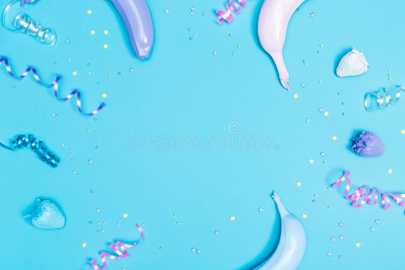 Party Theme in Blue and Purple with Streamers and Bananas Stock Image Image of concept
