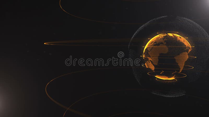 Partícula abstracta Planeta de oro, anaranjado dentro veilted el blanco, creado de puntos Dackdrop negro total poco
