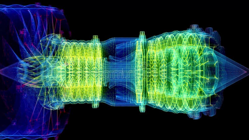 Partícula digital formada por un motor de turbina de gas de modelo 3d. equipo industrial abstracto. ilustración del vector