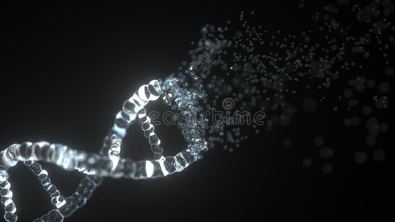 Partículas compõem o modelo da molécula de DNA de vidro Renderização 3D conceitual ilustração royalty free