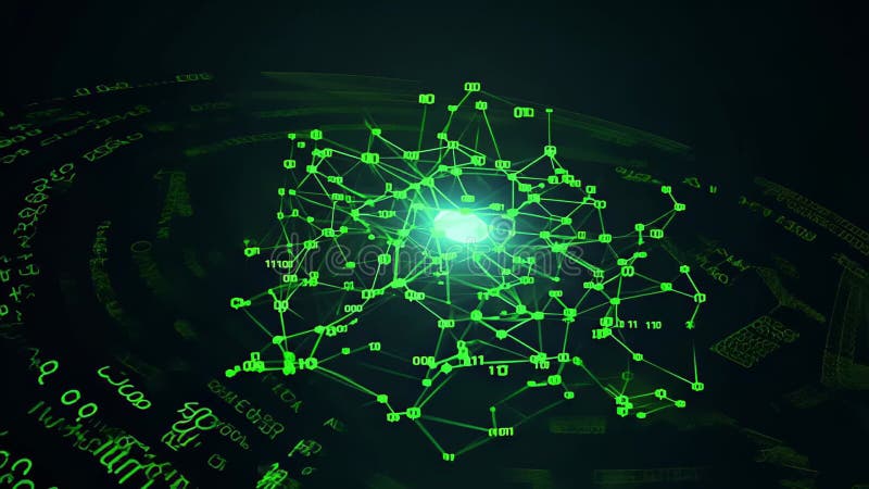 Partículas verdes formando una red neuronal abstracta con puntos de datos y nodos brillantes. 5. º videocinta stock de ilustración