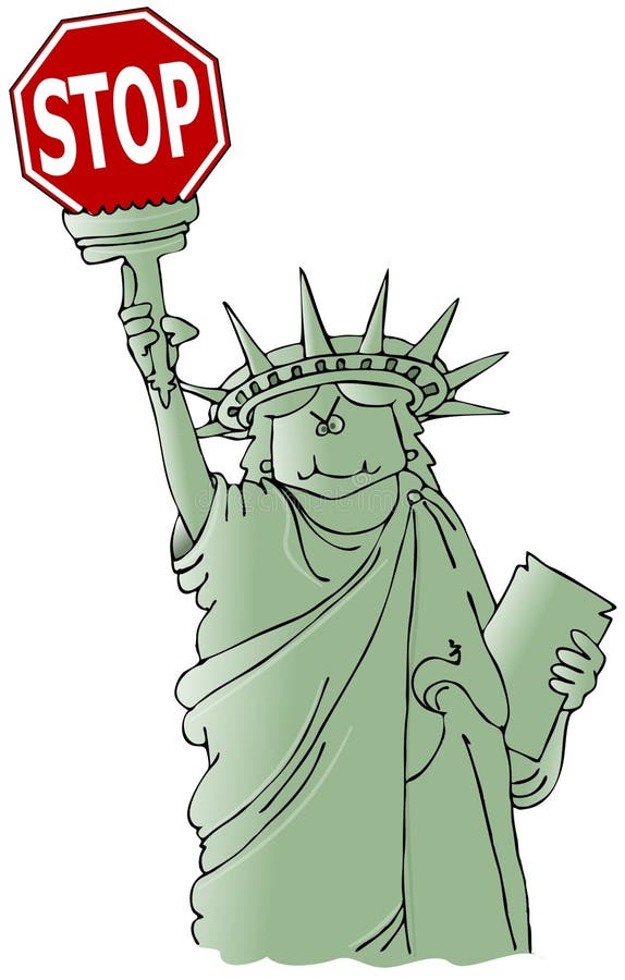 This illustration depicts the Statue of Liberty holding a stop sign. This illustration depicts the Statue of Liberty holding a stop sign.