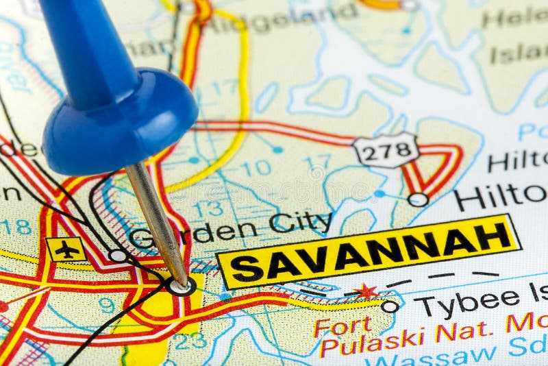 Pasador Savannah Georgia Map Closeup imagen de archivo Pasador Savannah Georgia Map Closeup imagen de archivo