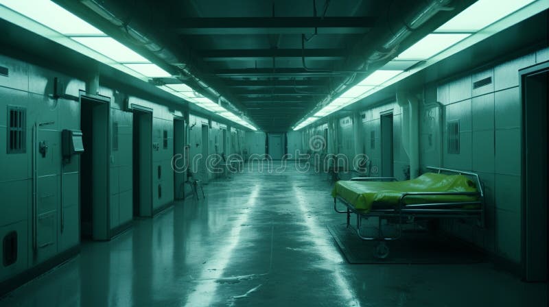 Pasarela de hospital escalofriante con ambiente de horror en la sala de escape de las instalaciones médicas de las personas en 8 k stock de ilustración