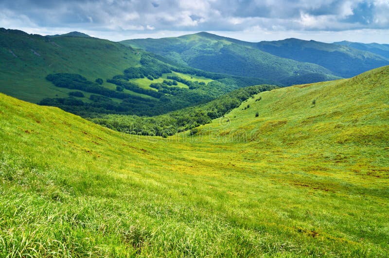 Pascolo e foresta in Carpathians Paesaggio delle montagne fotografie stock libere da diritti Pascolo e foresta in Carpathians Paesaggio delle montagne fotografie stock libere da diritti