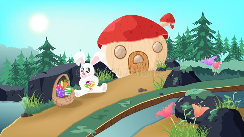 Pascua, conejito en el país de las maravillas, historia de la fantasía de la casa de la seta, huevo lindo de la tenencia del cone ilustración del vector Pascua, conejito en el país de las maravillas, historia de la fantasía de la casa de la seta, huevo lindo de la tenencia del cone ilustración del vector