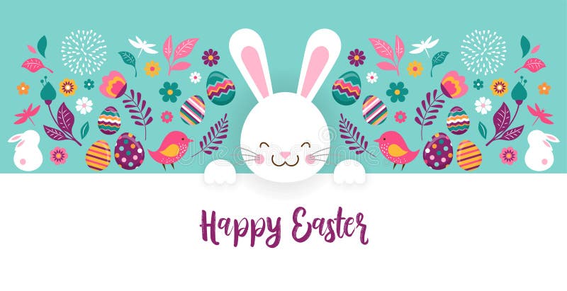 Pascua feliz, bandera del vector con las flores, los huevos y los conejitos