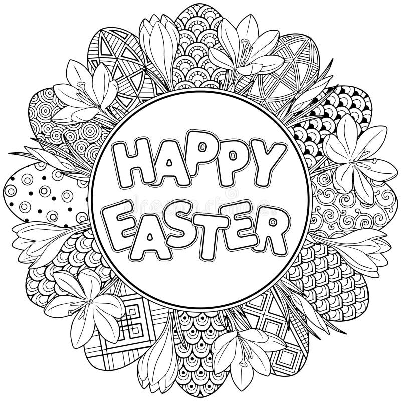 Pascua feliz El marco redondo del libro de colorear blanco y negro de los huevos y de las azafranes de Pascua del garabato para l