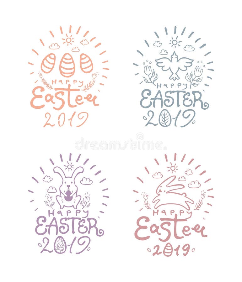 Pascua feliz 2019 Sistema de cuatro etiquetas engomadas con dos conejitos de pascua de salto, letras del vector del arte ilustración del vector Pascua feliz 2019 Sistema de cuatro etiquetas engomadas con dos conejitos de pascua de salto, letras del vector del arte ilustración del vector