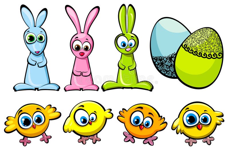 Pascua fijó - pollos, conejos y los huevos ilustración del vector Pascua fijó - pollos, conejos y los huevos ilustración del vector