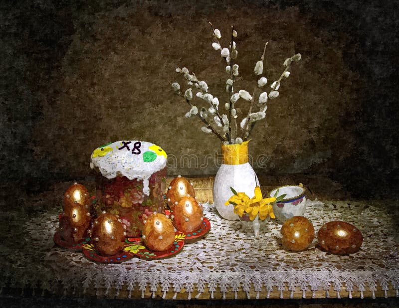 Pasen-cakes en geschilderde eieren op de lijst Spoedig de Orthodoxe Pasen Rustiek Stilleven Het schilderen van natte waterverf op stock illustratie Pasen-cakes en geschilderde eieren op de lijst Spoedig de Orthodoxe Pasen Rustiek Stilleven Het schilderen van natte waterverf op stock illustratie