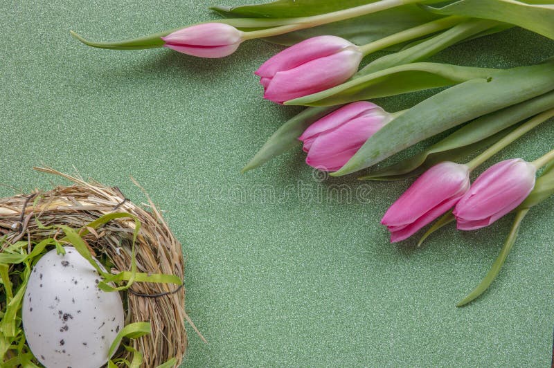 Pasen-de achtergrond met roze tulpen en het ei op groen schitteren achtergrond met exemplaarruimte royalty-vrije stock foto's Pasen-de achtergrond met roze tulpen en het ei op groen schitteren achtergrond met exemplaarruimte royalty-vrije stock foto's