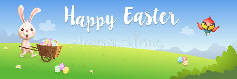 Pasen-groetkaart - konijntjes dragende kar met verfraaide eieren op de lentelandschap - banner vectorillustratie vector illustratie Pasen-groetkaart - konijntjes dragende kar met verfraaide eieren op de lentelandschap - banner vectorillustratie vector illustratie