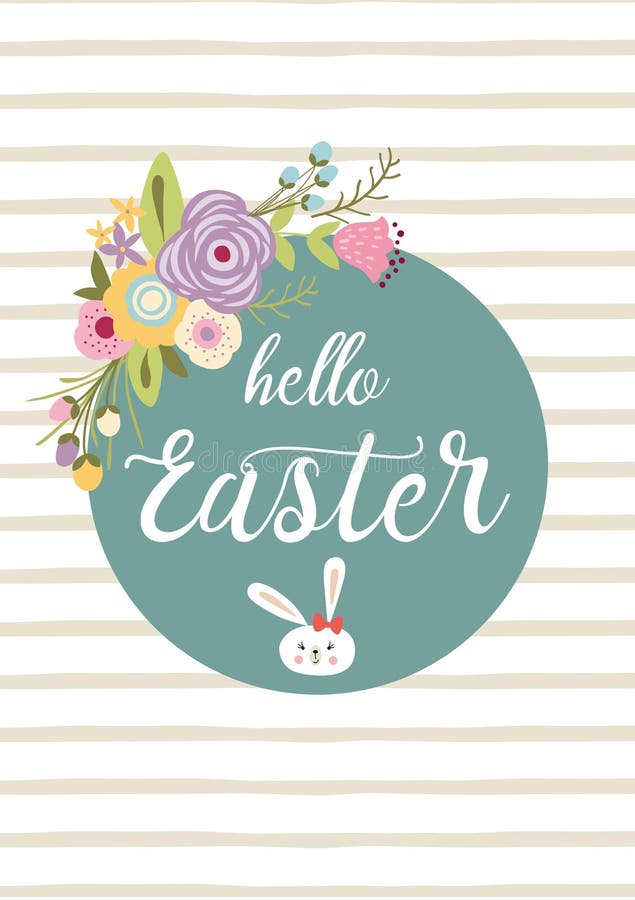 Pasen-het van letters voorzien van Hello Pasen van het typografiecitaat hand getrokken het konijntjeskonijn van het banner bloeme royalty-vrije illustratie Pasen-het van letters voorzien van Hello Pasen van het typografiecitaat hand getrokken het konijntjeskonijn van het banner bloeme royalty-vrije illustratie