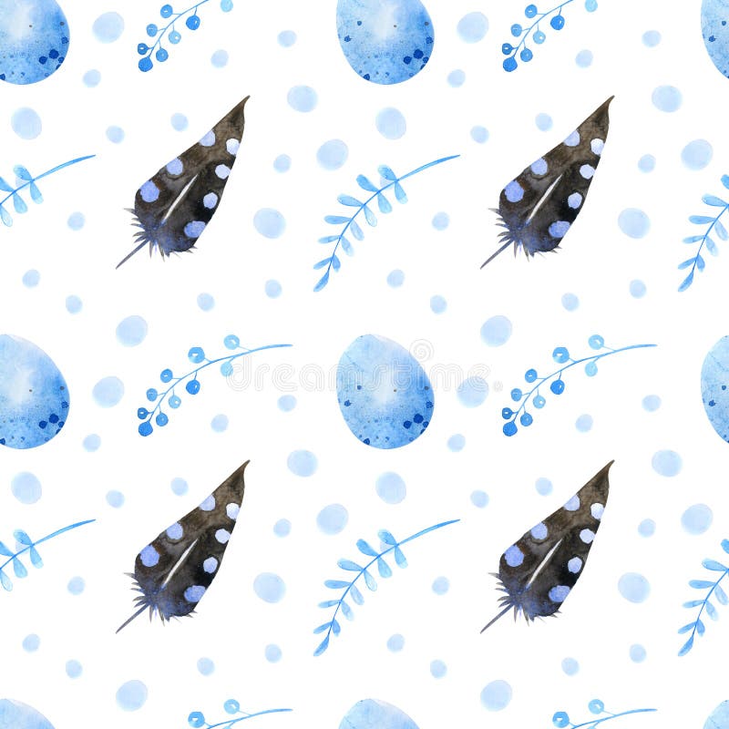 Pasen Waterverfhand getrokken paasei, veren en takjes op naadloos patroon stock illustratie Pasen Waterverfhand getrokken paasei, veren en takjes op naadloos patroon stock illustratie