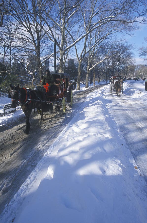 Paseo en Central Park, Manhattan, New York City, NY del carro del caballo después de la nevada del invierno fotos de archivo libres de regalías Paseo en Central Park, Manhattan, New York City, NY del carro del caballo después de la nevada del invierno fotos de archivo libres de regalías
