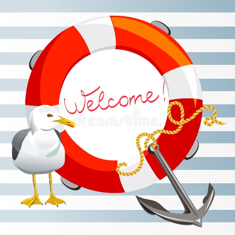 Striped background with anchor, lifeline and seagull. vector illustration. Striped background with anchor, lifeline and seagull. vector illustration