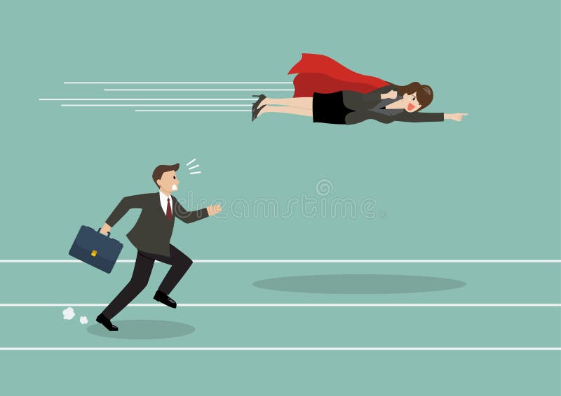 Paso de la mosca del super héroe de la mujer de negocios su competidor libre illustration Paso de la mosca del super héroe de la mujer de negocios su competidor libre illustration