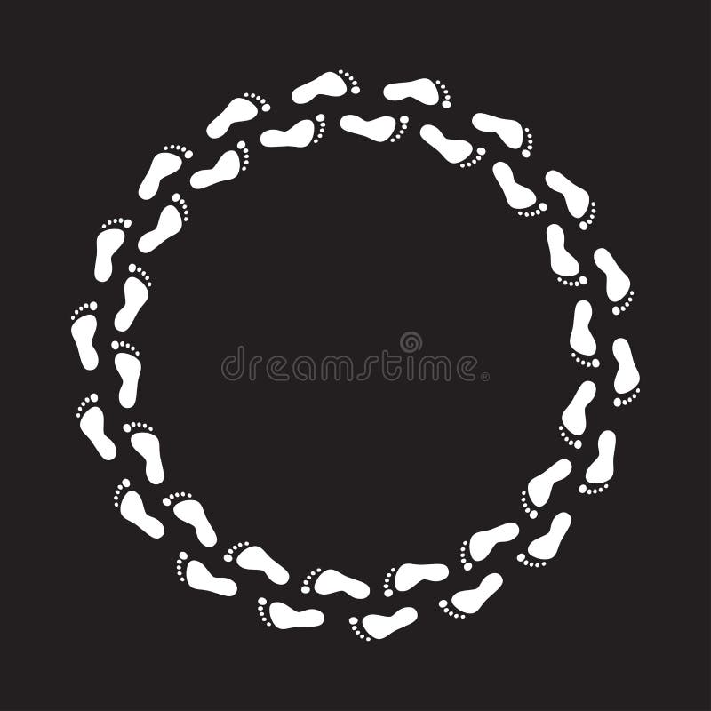 Round circle white foot steps on black background. Vector clockwise feet track. Round circle white foot steps on black background. Vector clockwise feet track